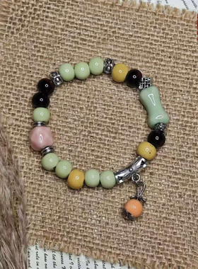 景德镇浅绿主调撞粉黄陶瓷手链