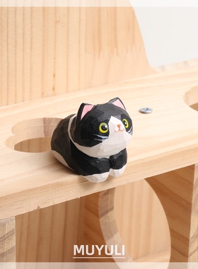 手工木雕奶牛猫丨猫咪可爱办公桌工位稳定情绪桌面装饰摆件礼物女