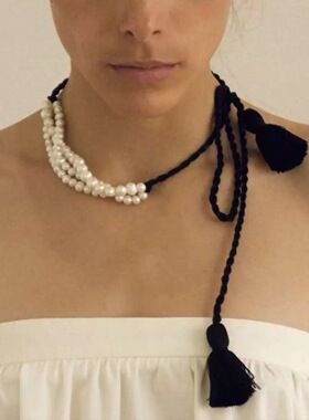 多层珍珠项链女黑色编绳