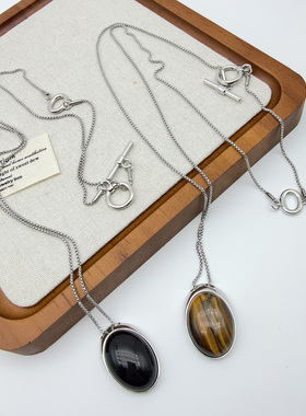 美拉德时髦虎眼石水滴长款项链