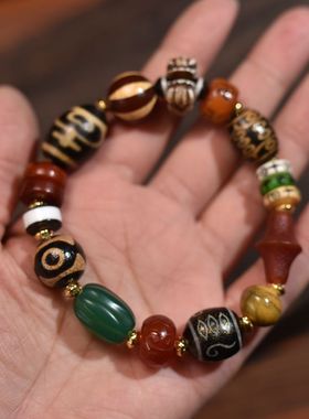 藏式多宝单圈天珠牛骨玛瑙手串男女同款包邮到家