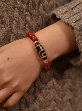 精品手工天珠搭配南红玛瑙女士单圈手串