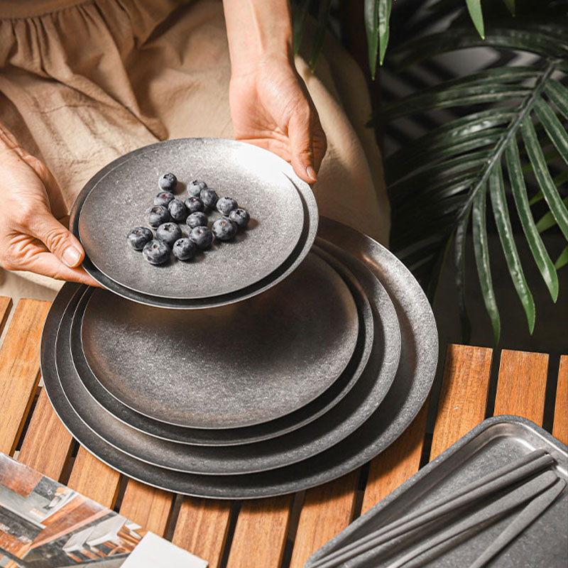 复古不锈钢餐盘甜品托盘点心圆盘浅盘牛排西餐餐盘户外零食高级感 - 图0