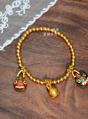 热卖古法沙金吞金兽一家三口烧蓝手饰原创设计简约4m手链女友礼物