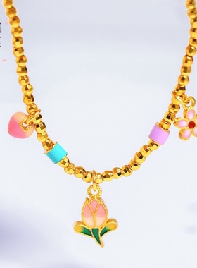 久不掉色越南沙金高温烧蓝粉色爱心郁金香花朵桃花蹦迪金圈女手链