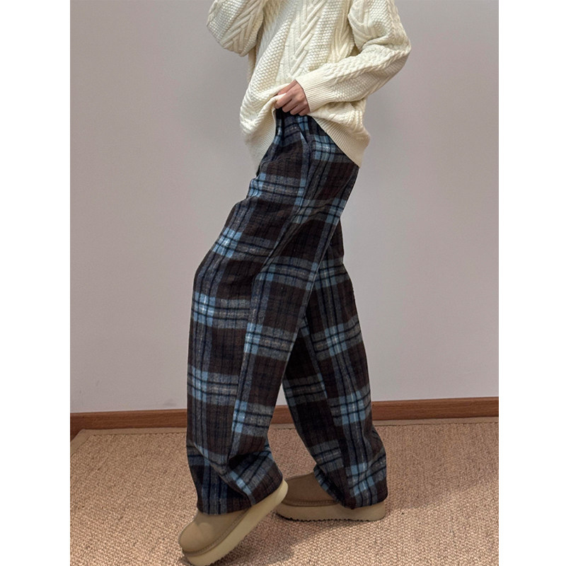 300斤美式复古格子阔腿裤女秋冬加绒慵懒松弛感毛呢显瘦休闲裤子,淘宝优惠券,粉丝福利购,淘宝优惠卷