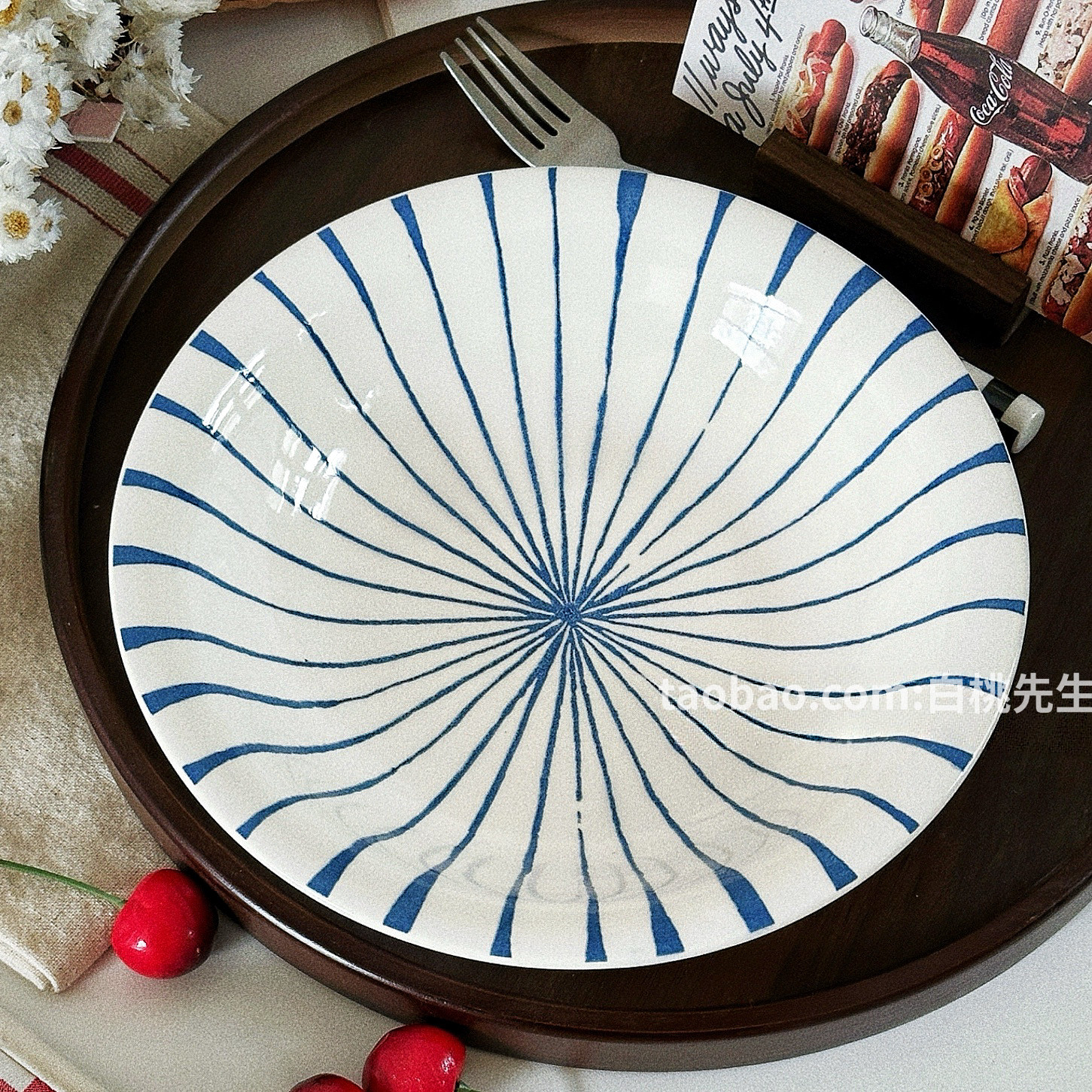 白桃先生 ins简约蓝白荷叶纹射线纹陶瓷泡面碗饭碗餐具好看高级,淘宝优惠券,粉丝福利购,淘宝优惠卷