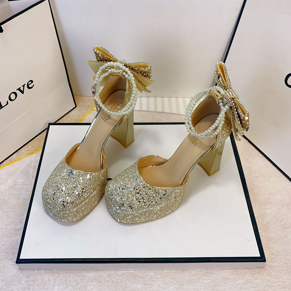法式亮片珍珠玛丽珍鞋女粗跟高跟鞋防水台一字带新娘婚鞋闪亮单鞋,淘宝优惠券,粉丝福利购,淘宝优惠卷