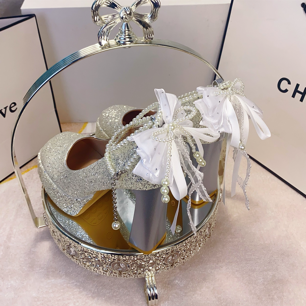 韩版亮片婚鞋女超闪防水台粗跟水晶鞋珍珠链蝴蝶结方头厚底高跟鞋,淘宝优惠券,粉丝福利购,淘宝优惠卷