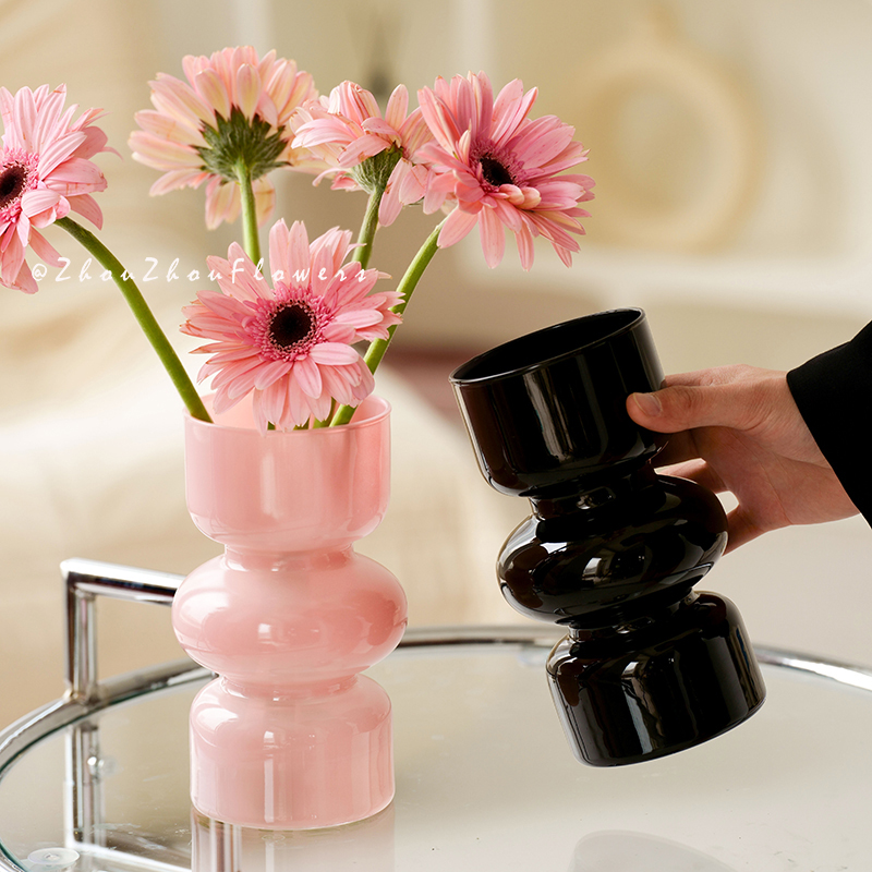 中古小众玻璃花瓶法式小摆件客厅黑色透明插花水培鲜花干花高级感