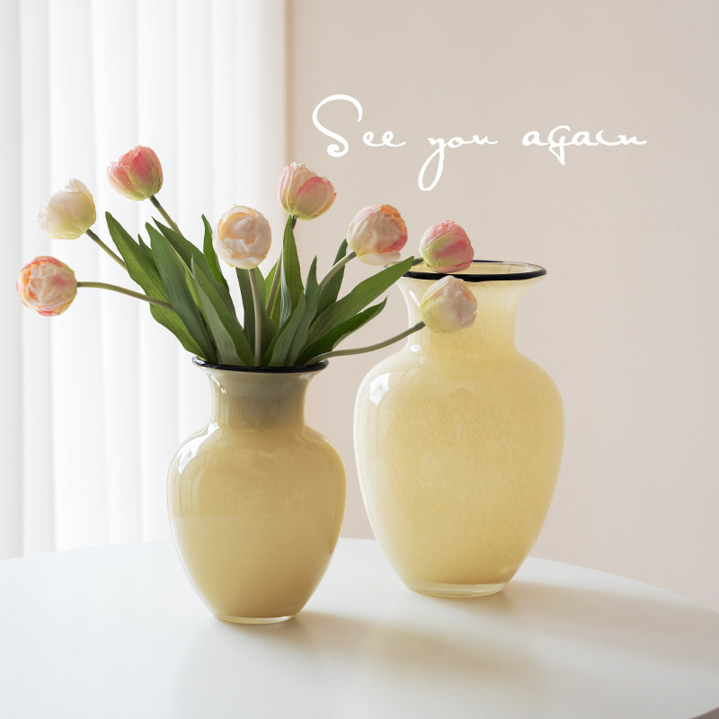 法式大肚玻璃花瓶轻奢高级感奶油色琉璃花器水培插花客厅创意摆件,淘宝优惠券,粉丝福利购,淘宝优惠卷