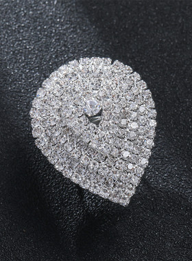 欧美跨境水滴形水钻戒指女 气质闪亮满钻开口可调节戒指环手饰品