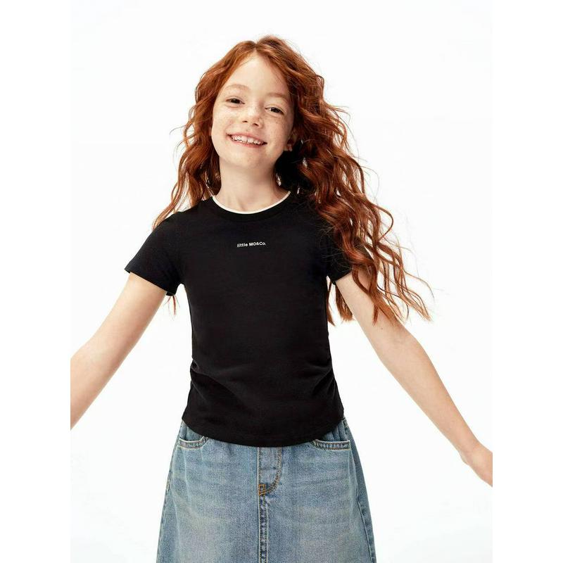 littlemoco专柜正品25年秋女童修身圆领亲子短袖T恤KBE3TEE038 - 图0