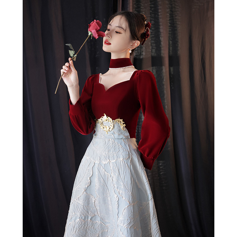 长袖敬酒服新娘订婚酒红色晚礼服裙女2023新款高级感高端轻奢小众_虎窝淘