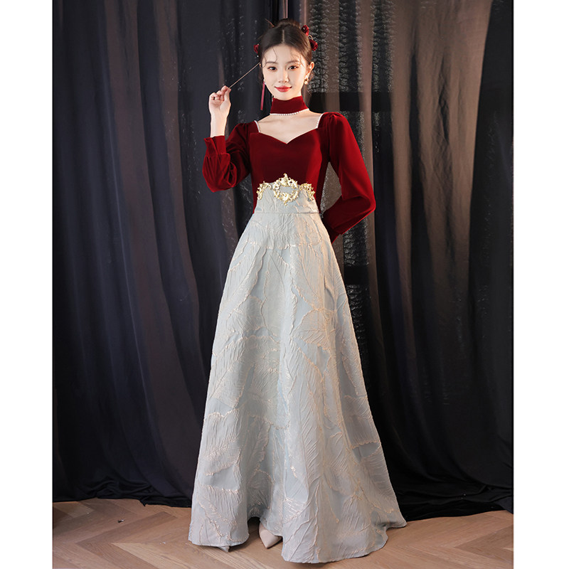 长袖敬酒服新娘订婚酒红色晚礼服裙女2023新款高级感高端轻奢小众_虎窝淘