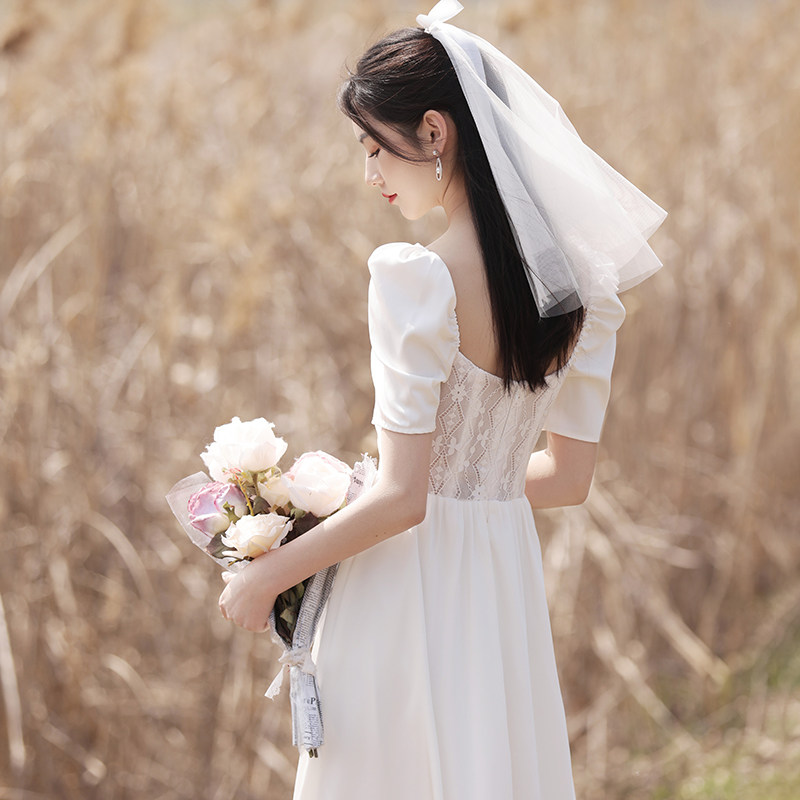 白色小平时可穿夏季订婚连衣裙婚纱 薇绣礼服/晚装