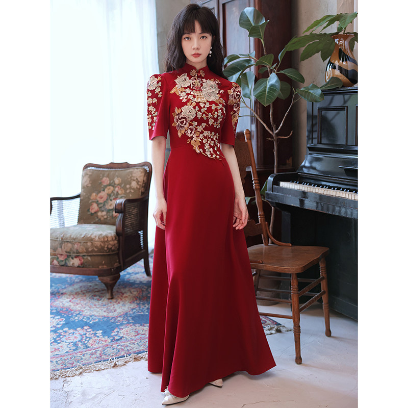 敬酒服女新娘夏季订婚礼服女结婚回门连衣裙新中式旗袍秀禾服刺绣_虎窝淘