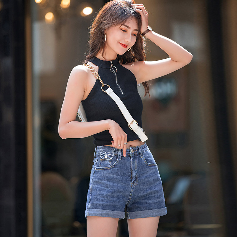 烟灰色牛仔高腰a字阔腿2022年短裤 町佐牛仔裤