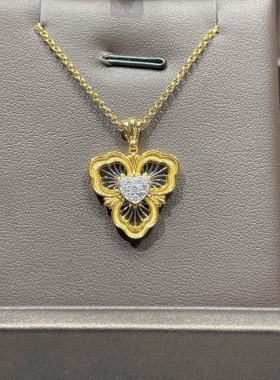 V金爱心三叶草项链 玫瑰金镂空桃带钻花项链轻奢设计感高级锁骨链
