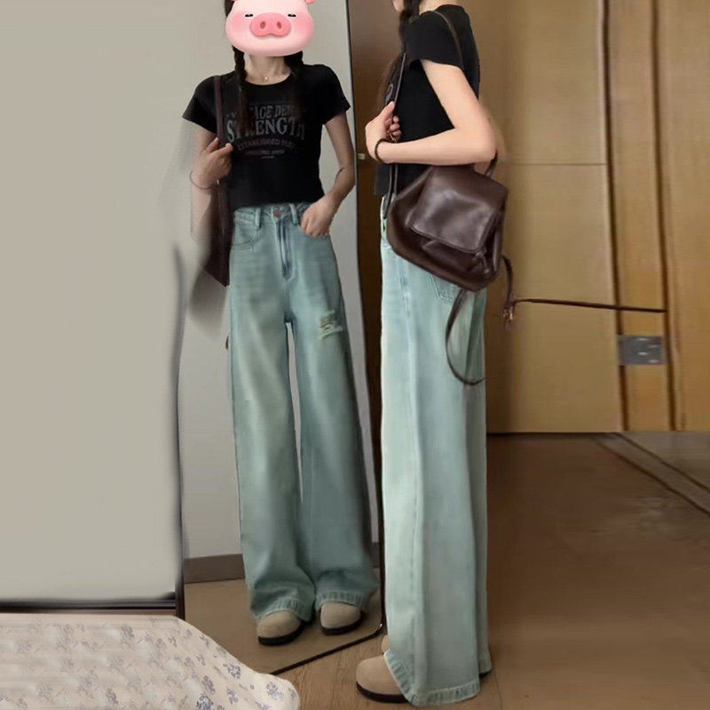 夏季破洞阔腿牛仔裤女夏高腰2026年新款小个子宽松显瘦垂感直筒裤,淘宝优惠券,粉丝福利购,淘宝优惠卷