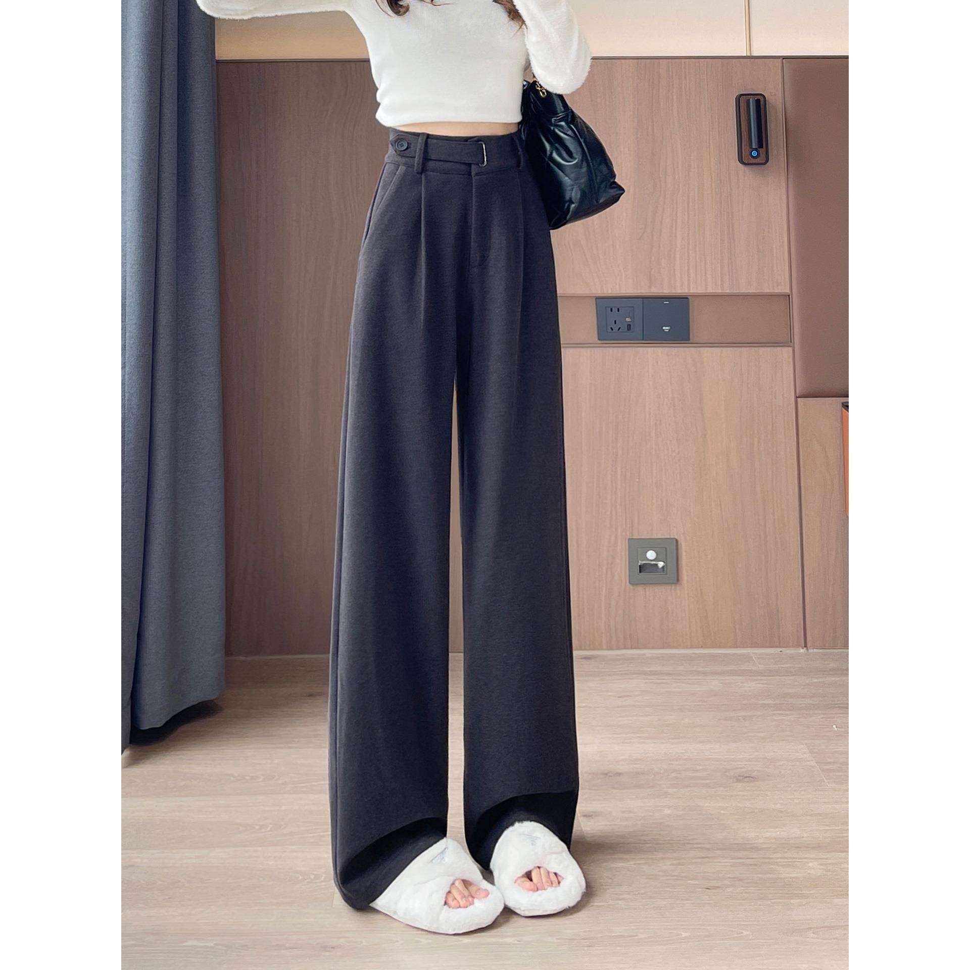 毛呢西装裤女黑灰色秋冬新款加绒加厚高腰抗皱垂感窄版阔腿直筒裤,淘宝优惠券,粉丝福利购,淘宝优惠卷