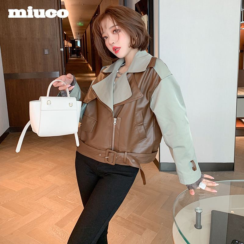 miuco朋克风撞色PU拼接翻领拉链前襟短外套女装2023冬【现货】