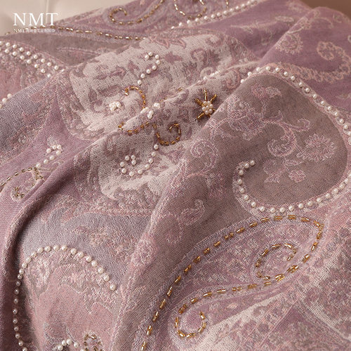 印度羊毛围巾女显白干枯玫瑰色披肩秋冬季刺绣钉珠办公室保暖披巾 - 图2