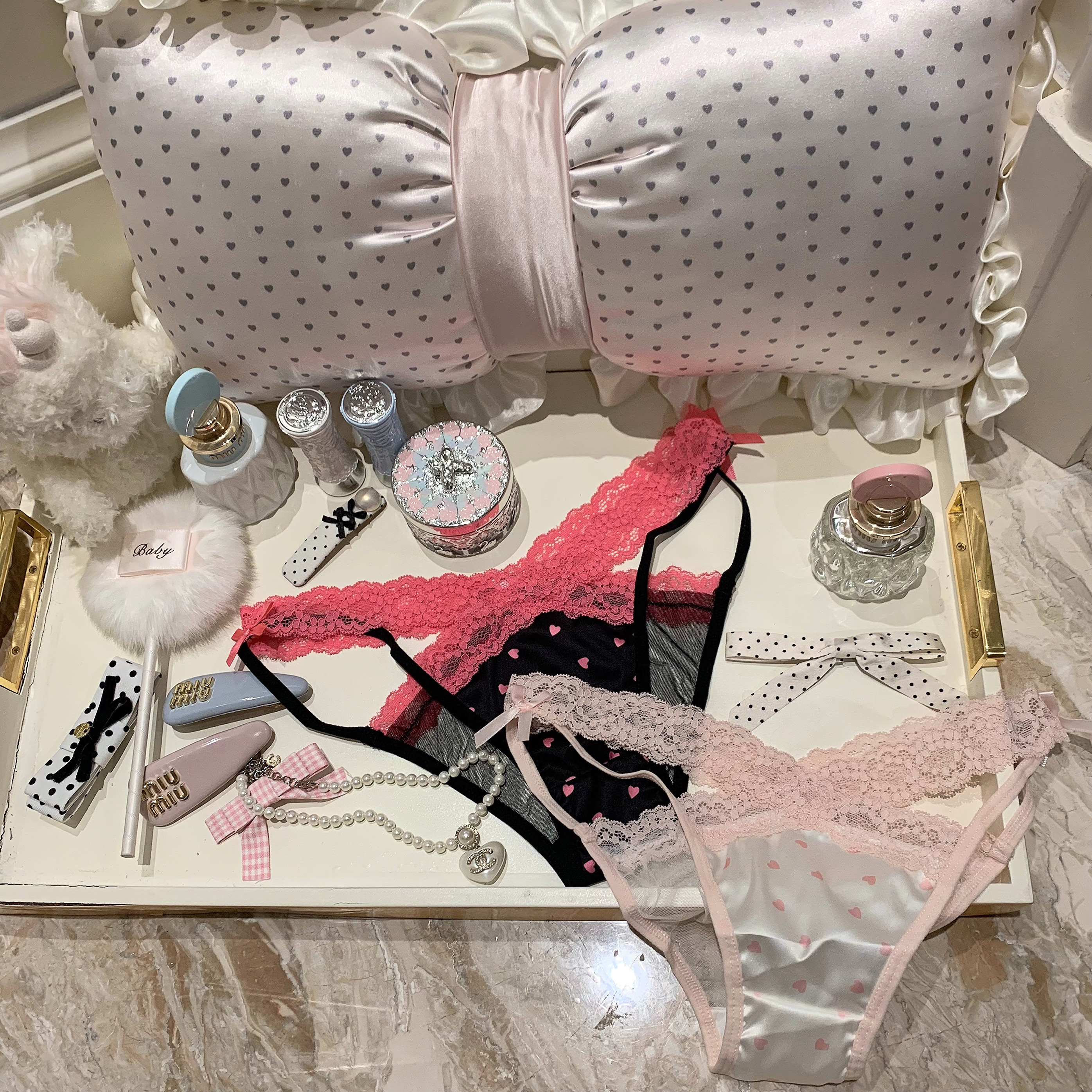 捞捞酱「甜蜜爱恋」纯欲性感少女私房三角内裤网纱波点蕾丝缎面新 - 图0