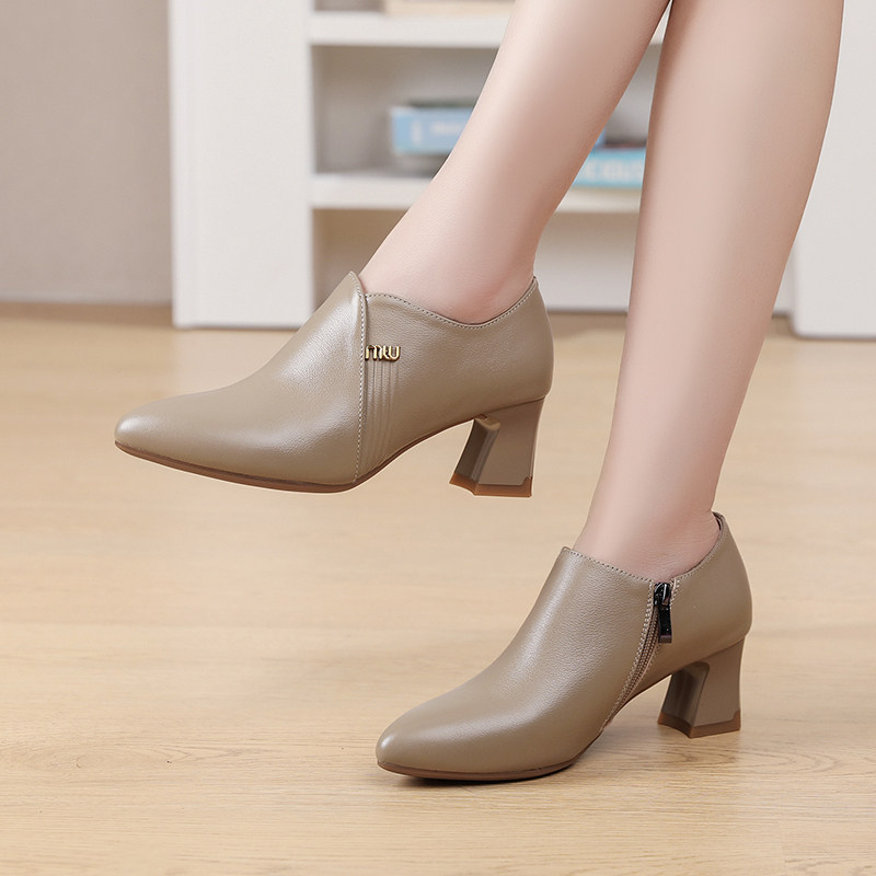 真皮尖头高跟鞋2025秋季新款粗跟时尚深口单鞋女士百搭中跟妈妈鞋,淘宝优惠券,粉丝福利购,淘宝优惠卷