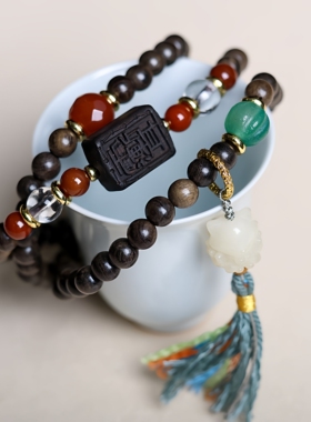 文玩药沉香木多圈手链雨渐耳手牌菩提根九尾狐手串饰品女