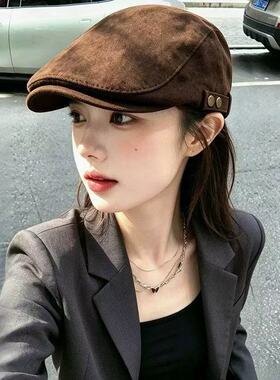 前进帽早秋款老钱风前进帽女士外出时尚简约显脸小贝雷鹿皮绒帽子
