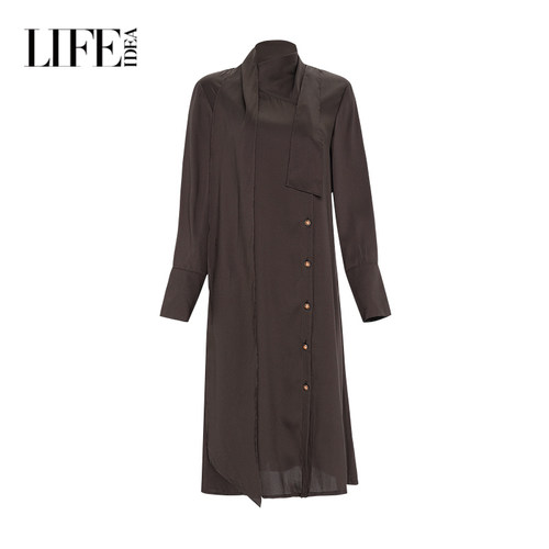 莱芙艾迪儿商场同款时尚赫本风连衣裙女优雅气质单排扣中长袖裙子 - 图3