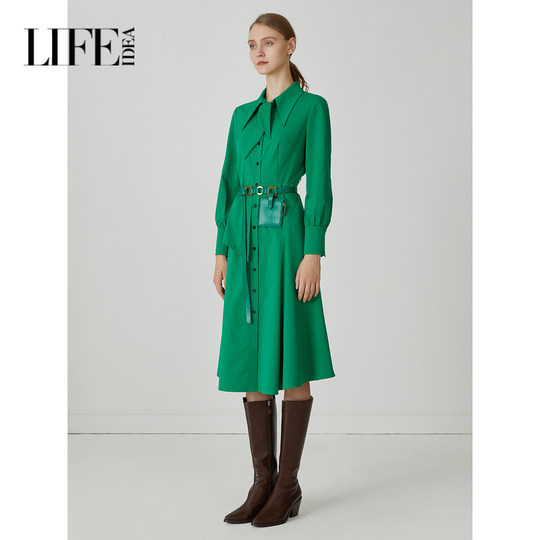 Live Adele green long-sleeved dress autumn and winter floating collar skirt shirt dress 1W4L94152