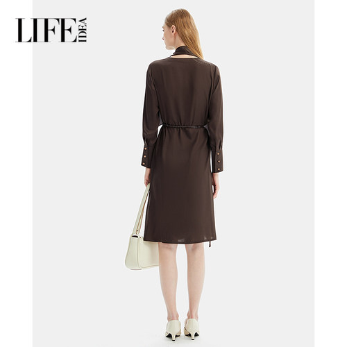 莱芙艾迪儿商场同款时尚赫本风连衣裙女优雅气质单排扣中长袖裙子 - 图1