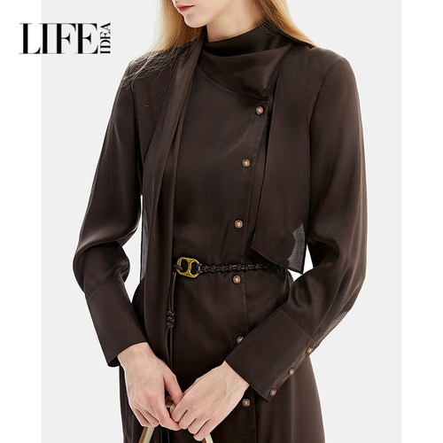 莱芙艾迪儿商场同款时尚赫本风连衣裙女优雅气质单排扣中长袖裙子 - 图2