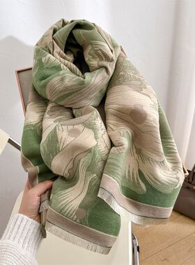 定制logo冬季复古风绿色花卉提花围巾女士高级感气质百搭保暖围脖