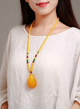 琥珀蜜蜡男女长新中式国风链项饰项链毛衣链配饰唐装汉服挂件串珠