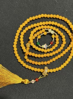 新中式蜜蜡黄色串珠唐装佛珠斜挎项链女长款国风流苏毛衣挂件配饰