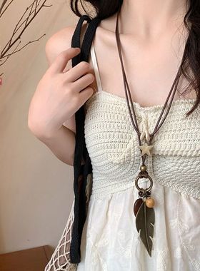 新中式禅意长款羽毛项链