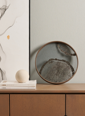 新中式复古深咖色墨染圆形托盘