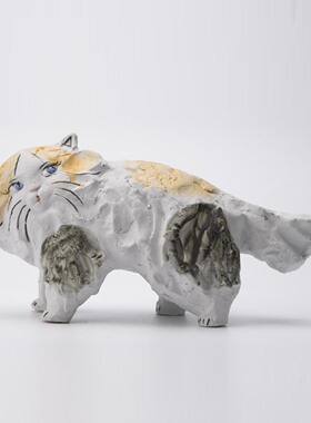 侘寂风手绘陶瓷猫咪动物雕塑摆件