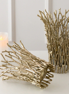 铝制树枝篱笆造型金色烛台摆件