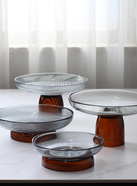 现代轻奢玻璃拼色高脚水果盘摆件