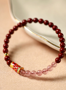 好运锦鲤手链红草莓晶粉晶“朱”事顺意仿朱砂手链上岸饰品手链女