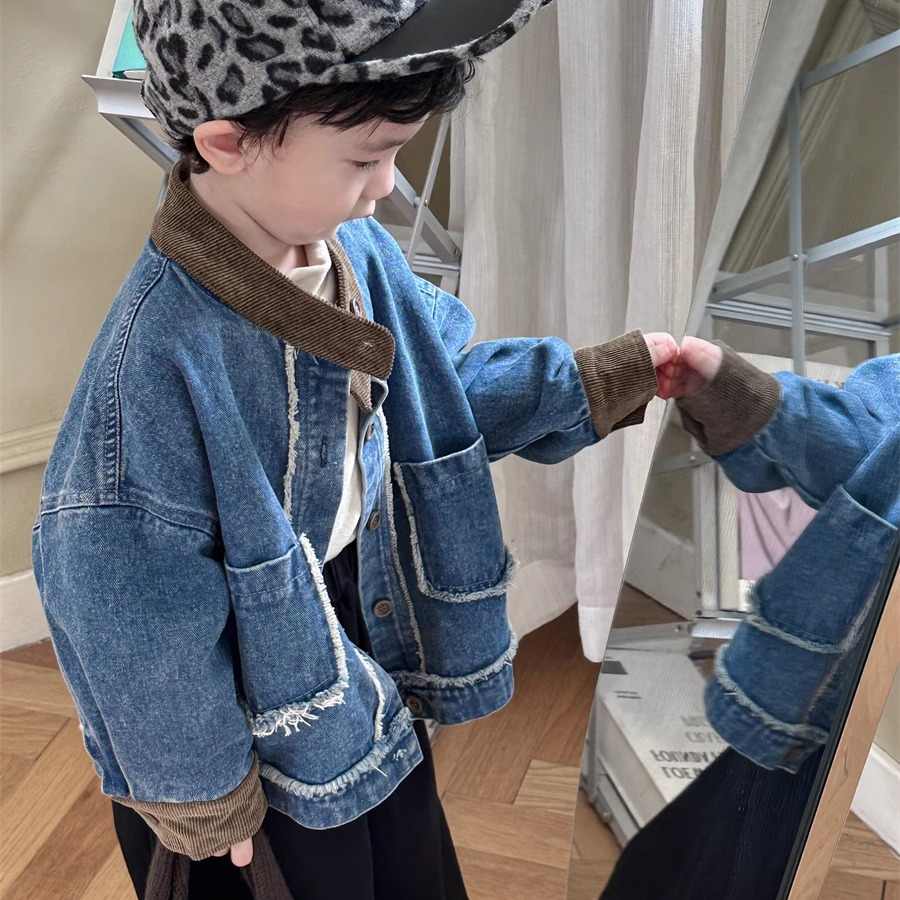 男童牛仔外套2025春秋儿童中小童宝宝撞色领森系复古风休闲夹克潮 - 图0