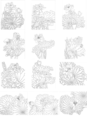 雪青国画牡丹十二白描底稿花鸟