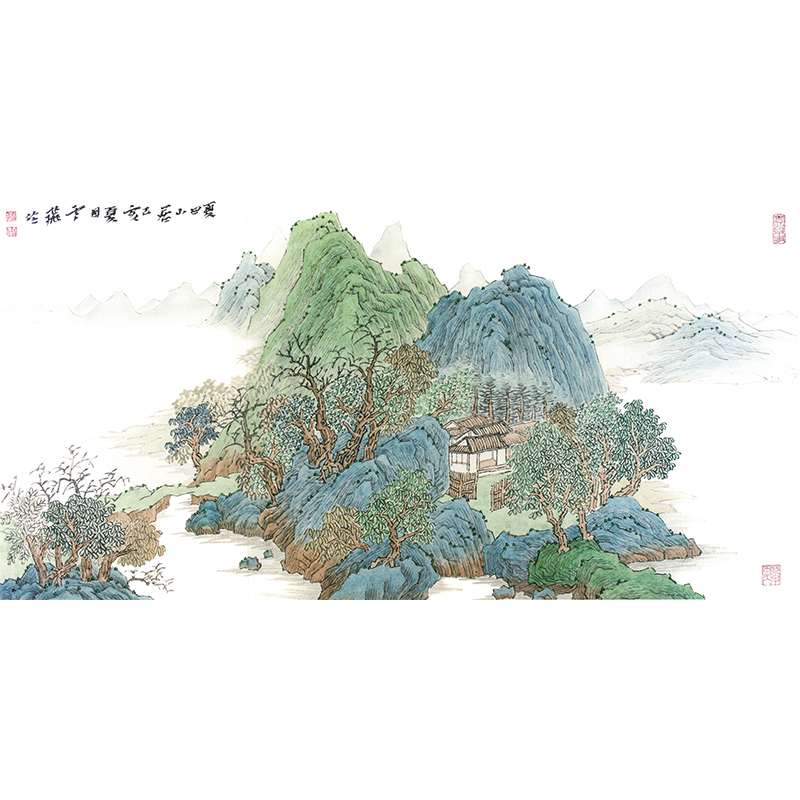 【有步骤】国画白描底稿魏云飞《夏日山居》青绿山水横幅原大画稿 - 图3