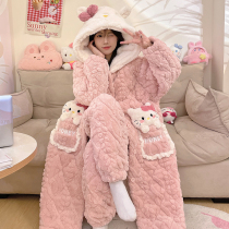 Sleepwear womens winter three layers clip cotton thickened with velvety long style sleeping robe adorable coral suede warm home for the winter