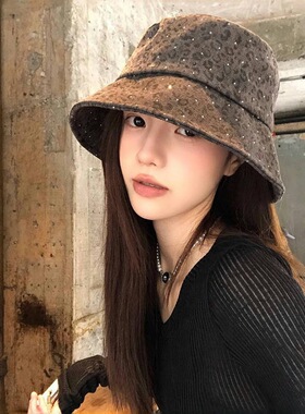 日系豹纹亮片渔夫帽女春夏显脸小