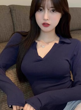 长袖t恤女修身polo领打底衫设计感小众内搭纯欲辣妹短款上衣秋季
